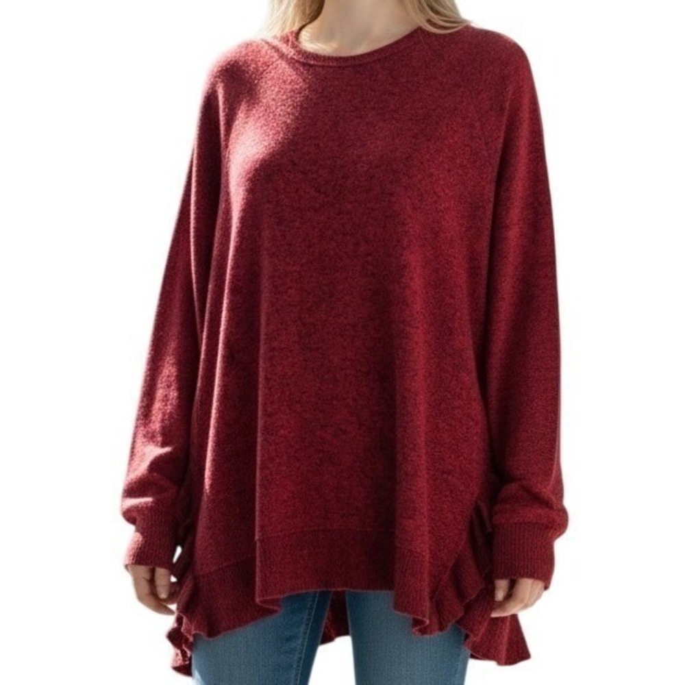 ANTHROPOLOGIE POSTMARK Oversized Marbled‎ Red Ruffled Trim Gia Sweater Medium
